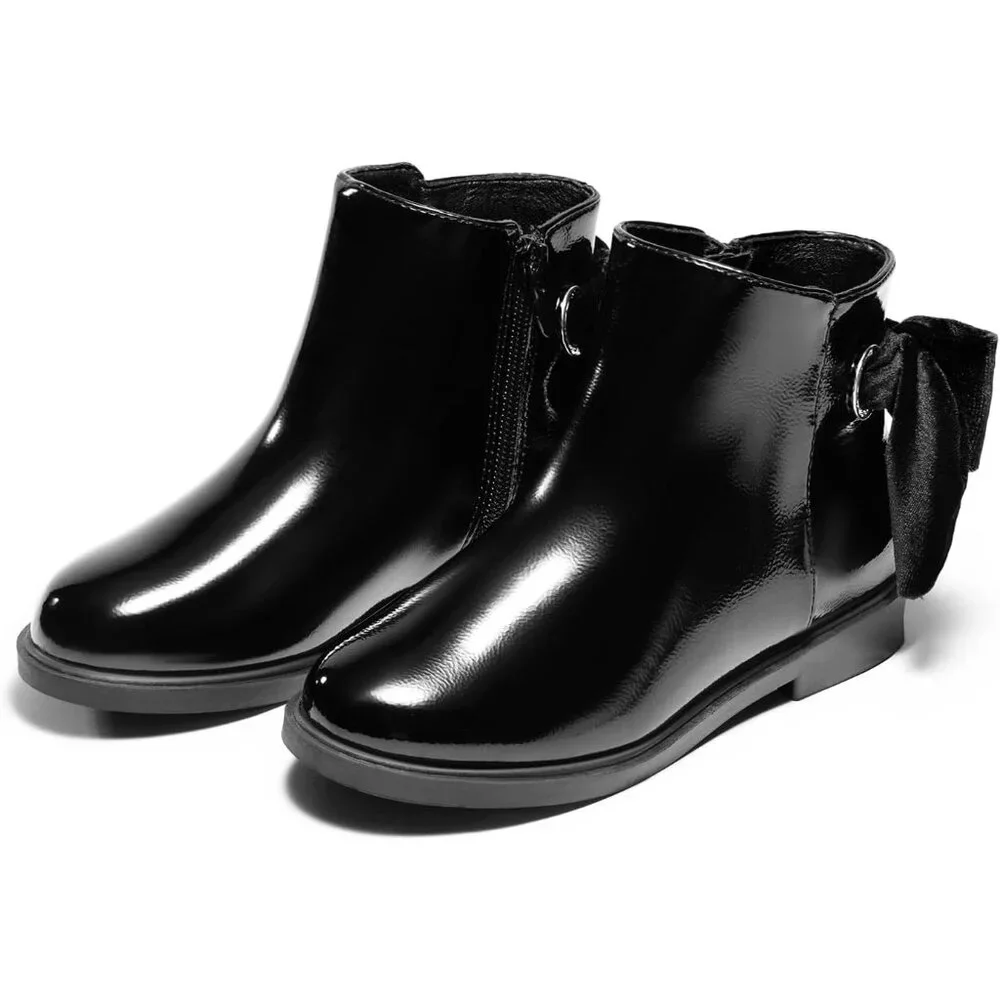 🆕Girls Black Faux Leather Ankle Kids Bow Chunky Low Heel Side Zipper Dress Boot